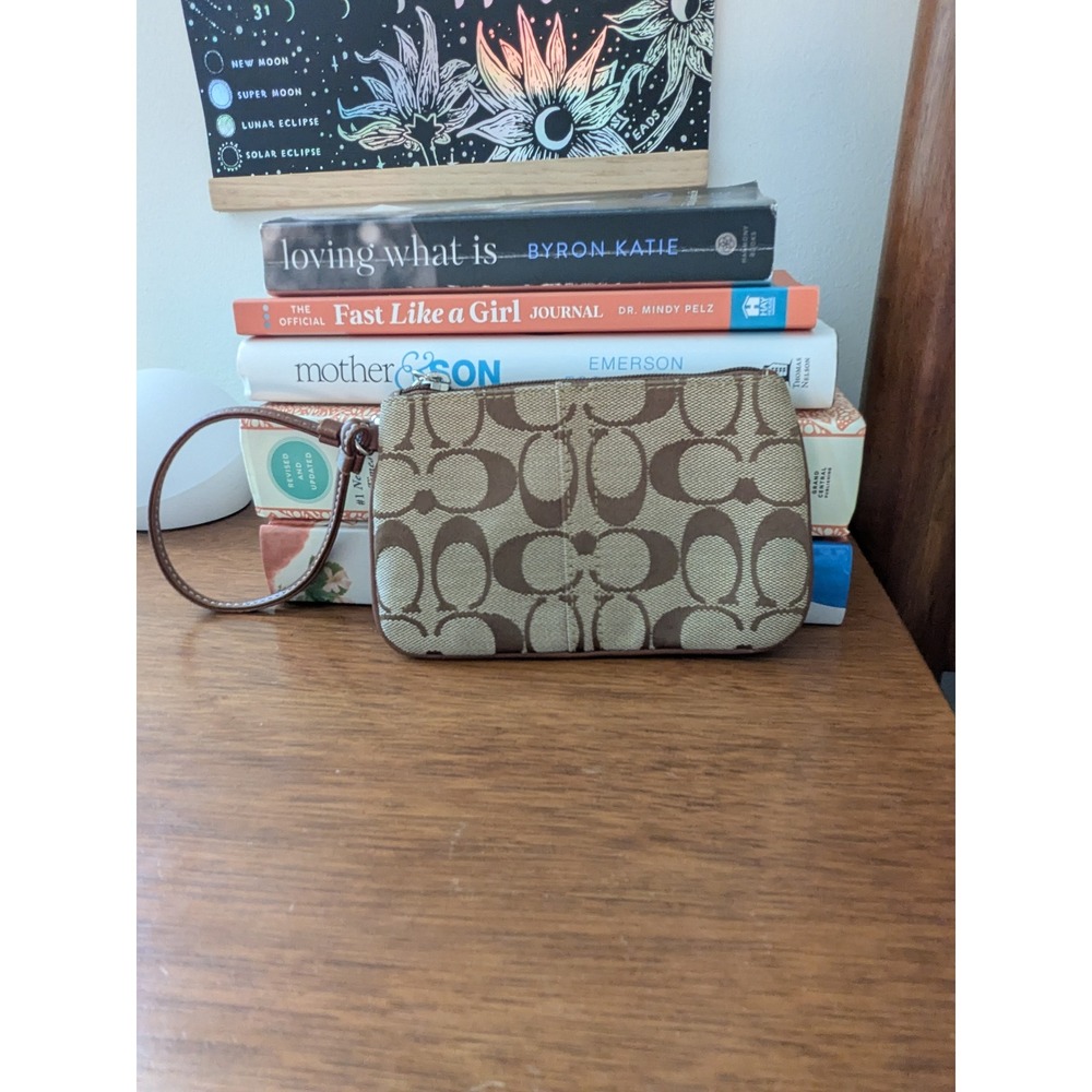 Coach Monogram Wristlet Pouch Brown‎ Signature Canvas Leather Trim